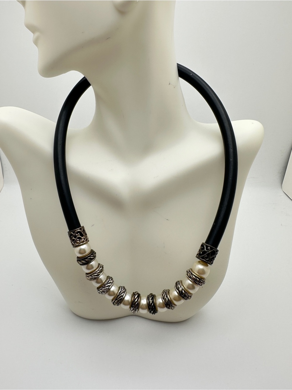 Black Rubber Necklace with Pearl and Silver Accent Beads